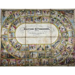 The Royal Game of British Sovereigns, Wallis (J. & E.) showing events in each reign from Egbert to George III, spiral track with 53 illustrations, the central oval filled with title and rules of the game, engraving with hand-colouring, H47cm., L62cm