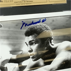 Autographs - Muhammad Ali signed monochrome photograph with  between two fight admission Tickets and miniature facsimilie programmes and posters for 48 of his fights, framed, 66cm x 84cm