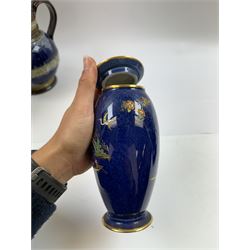 Doulton Lambeth Queen Victoria diamond jubilee jug, with two portrait panels on Victoria against a dark blue ground together with a pair of Carlton Ware, covered vases and two Royal Crown Derby vases