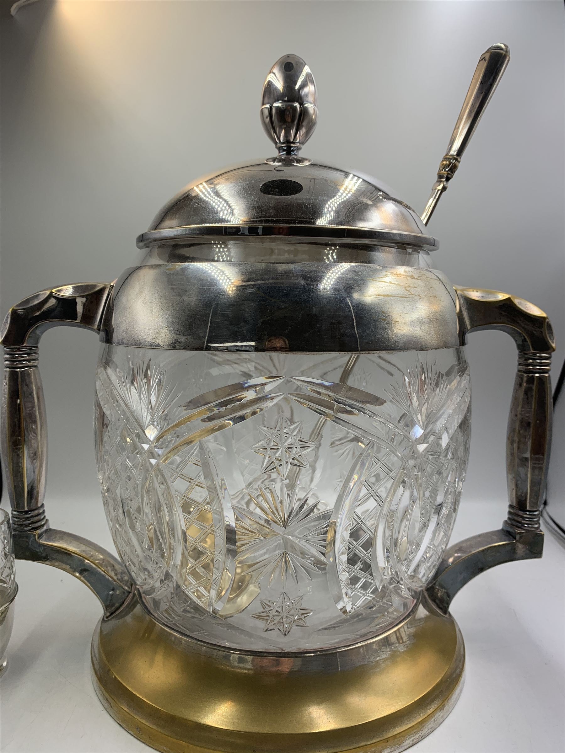 Art Deco German silver plate and cut glass punch bowl & cover, with ladle and twelve cut glass and silver plate cups, makers marks for Badische Metallwarenfabrik