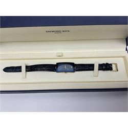 Raymond Weil ladies 'Othello' wristwatch, the rectangular 18ct gold plated case with blue enamel dial, on a Raymond Veil navy blue crocodile leather strap, in original box