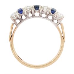 Gold and silver seven stone round brilliant cut diamond and sapphire ring, total diamond weight approx 0.40 carat