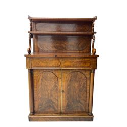 19th century figured mahogany chiffonier, raised two-tier back supported by turned columns...