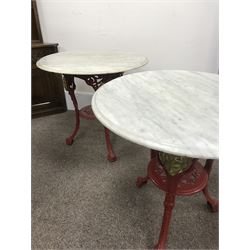 Pair cast iron Britannia pub tables, two red, small marble tops 