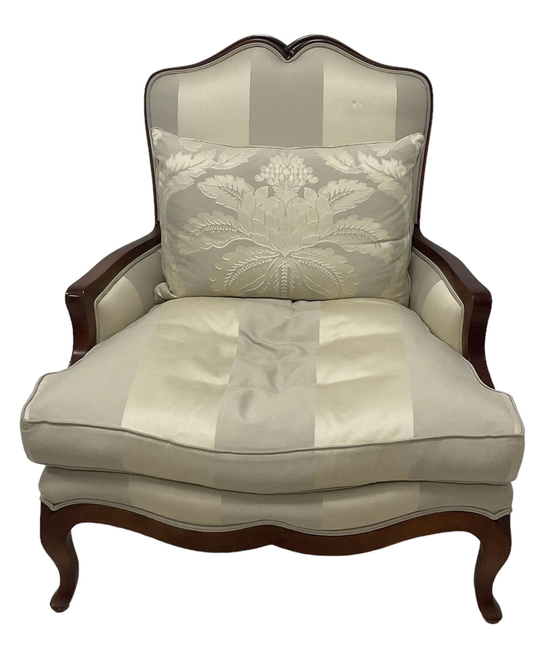 Duresta - French design hardwood-framed wide-seat armchair, shaped cresting rail over curved arms, upholstered in two-tone off-white striped fabric with loose seat cushion, shaped apron and cabriole feet 