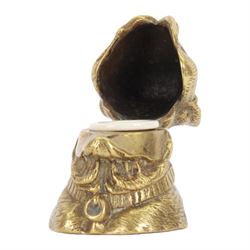 19th century gilt brass novelty inkwell, modelled as a Bulldog, with hinged jaw opening to reveal a ceramic glass liner, and lead weighted base, H9.5cm