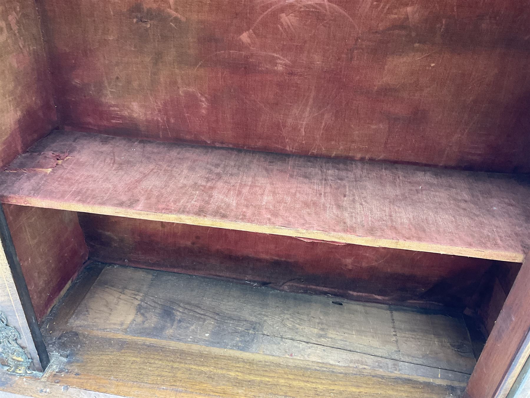 Victorian inlaid walnut pier cabinet, moulded rectangular top over single glazed door, chamfered plinth base, on turned feet 