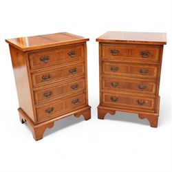 Small pair of Georgian design yew wood chests, cross banded rectangular top over four cock...