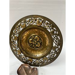 Keswick School of Industrial Arts, flared vase of cylindrical form, together with an Arts and Crafts plated copper, an embossed tray, copper dishes and charger 