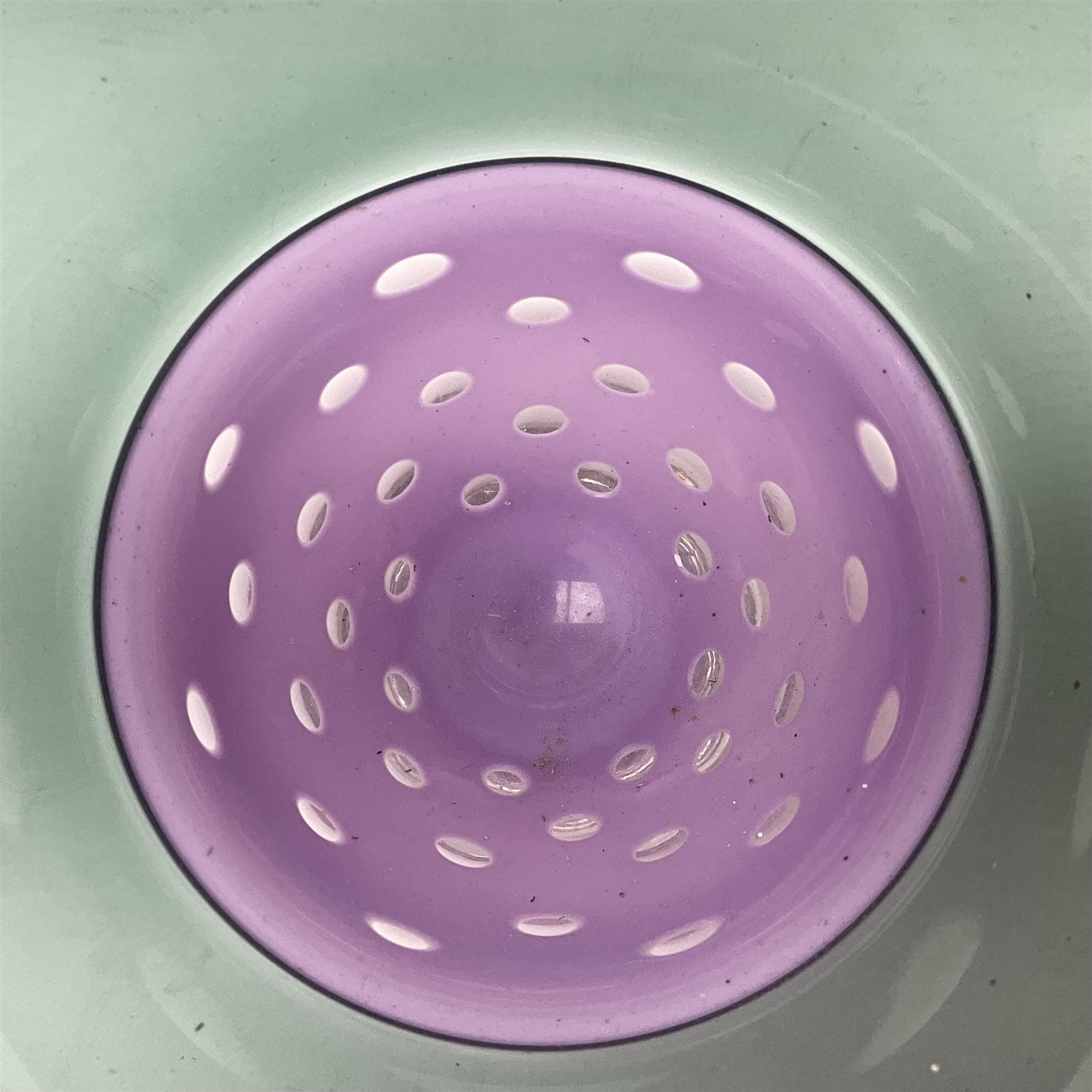 Stuart Akroyd glass vase, green banded top and purple opaque lower section with bubble inclusions, with sticker and engraved signature beneath, H15.5cm