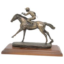 'The Ballyogan Stakes, Leopardstown 2005' Bronze resin model by David Geenty of a racehorse with jockey up on wooden base 26cm x 33cm 