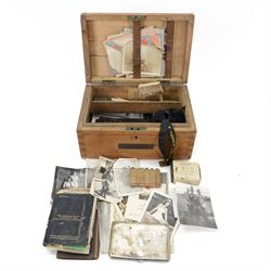 Naval pine ditty box, with a contents of ephemera and items belonging to naval serviceman ...