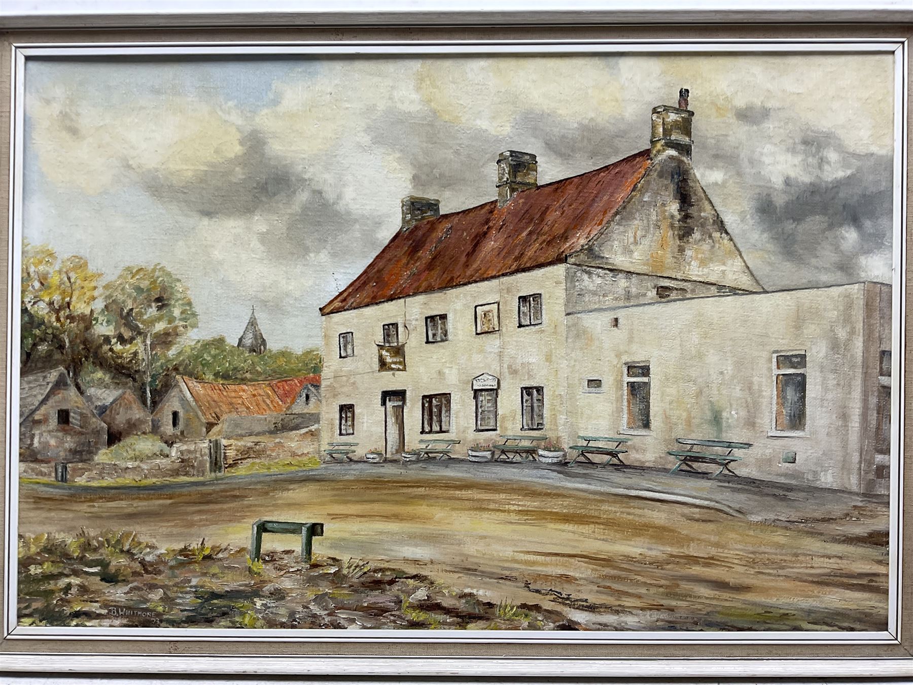 N C Hanson (British 20th century): ‘Picnic on the Esk - Ruswarp’, oil on board signed, titled verso 45cm x 60cm; Barbara Whitmore (Whitby 20th century): 'The Wilson Arms - Sneaton', oil on board signed, titled verso 49cm x 74cm (2)