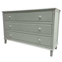 Contemporary wide white painted straight-front chest, fitted with three drawers