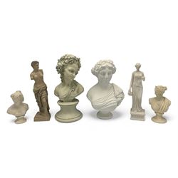 Parian ware model of a female bust on socle plinth, H20cm, resin model of 'Venus', together with other resin and composite classical figures and busts, H42cm max (6)