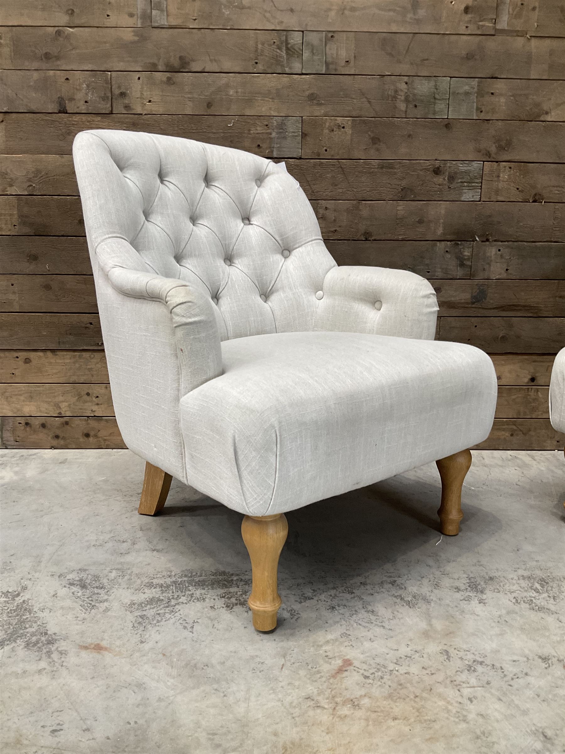 Pair of armchairs upholstered in button back linen fabric