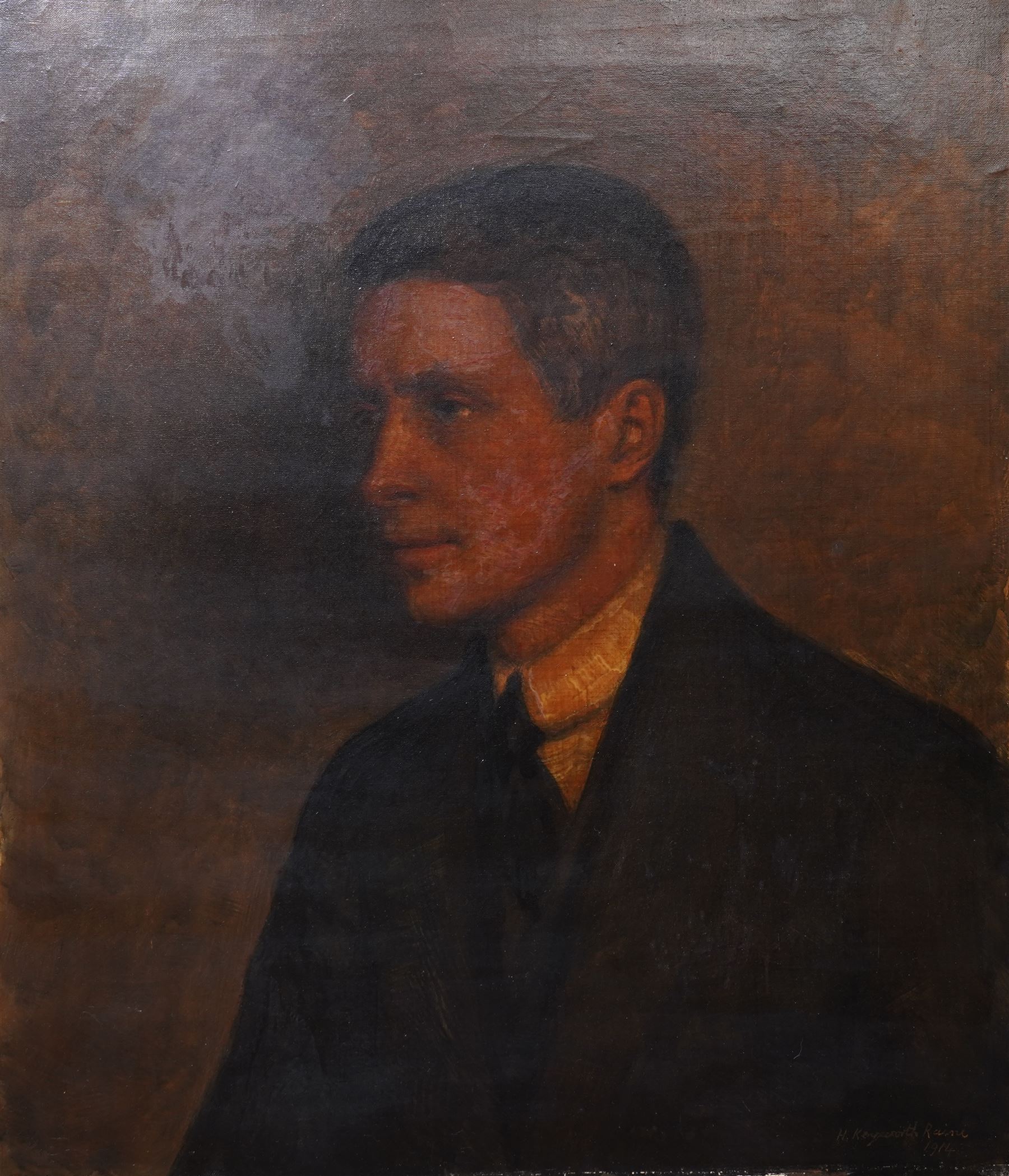 Henry Keyworth Raine (British 1872-1934): Portrait of a Young Gentleman in a Black Suit and Tie, oil on canvas signed and dated 1914, in ornate swept gilt frame with shell motifs 67cm x 58cm 