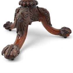 19th century rosewood tripod table, circular tilt-top with gadroon carved edge, turned column with lobed bands and curled acanthus leaf carved baluster, three out-splayed supports with shell carved knees and scaled ball and claw feet, 

Provenance:
Nidd Hall: acquired by Guy Reed from
Richard Butler, 17th Viscount
Mountgarret, in 1968