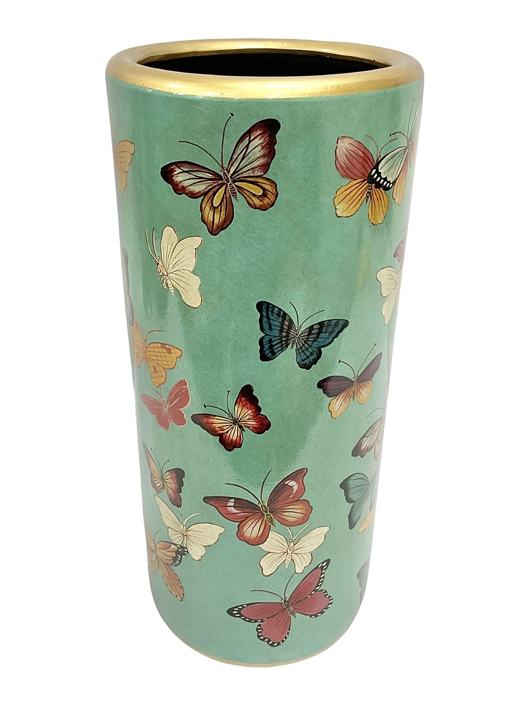 Umbrella stand, decorated with butterflies on a turquoise ground, H46cm