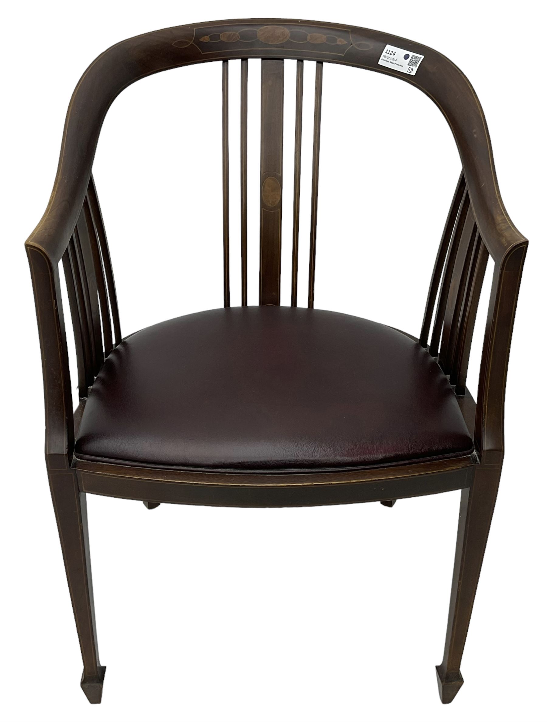 Edwardian inlaid mahogany desk chair, curved back inlaid with panel decorated with overlapping oval motifs, upholstered seat, on square tapering supports with spade feet