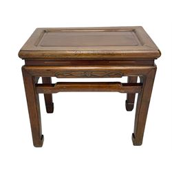 Pair of Chinese Hong Kong hardwood side tables, rectangular panelled top within moulded frame, the frieze rails carved with bats, on square supports terminating to hoof feet, united by shaped upper rails