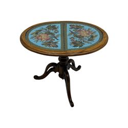 Victorian mahogany pedestal table, oval top inlaid with tapestry under glass, turned central pedestal with pointed finial, on three carved scroll supports