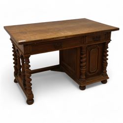 19th century oak desk, rectangular top over two drawers and cupboard, on spiral turned supports and turned bun feet