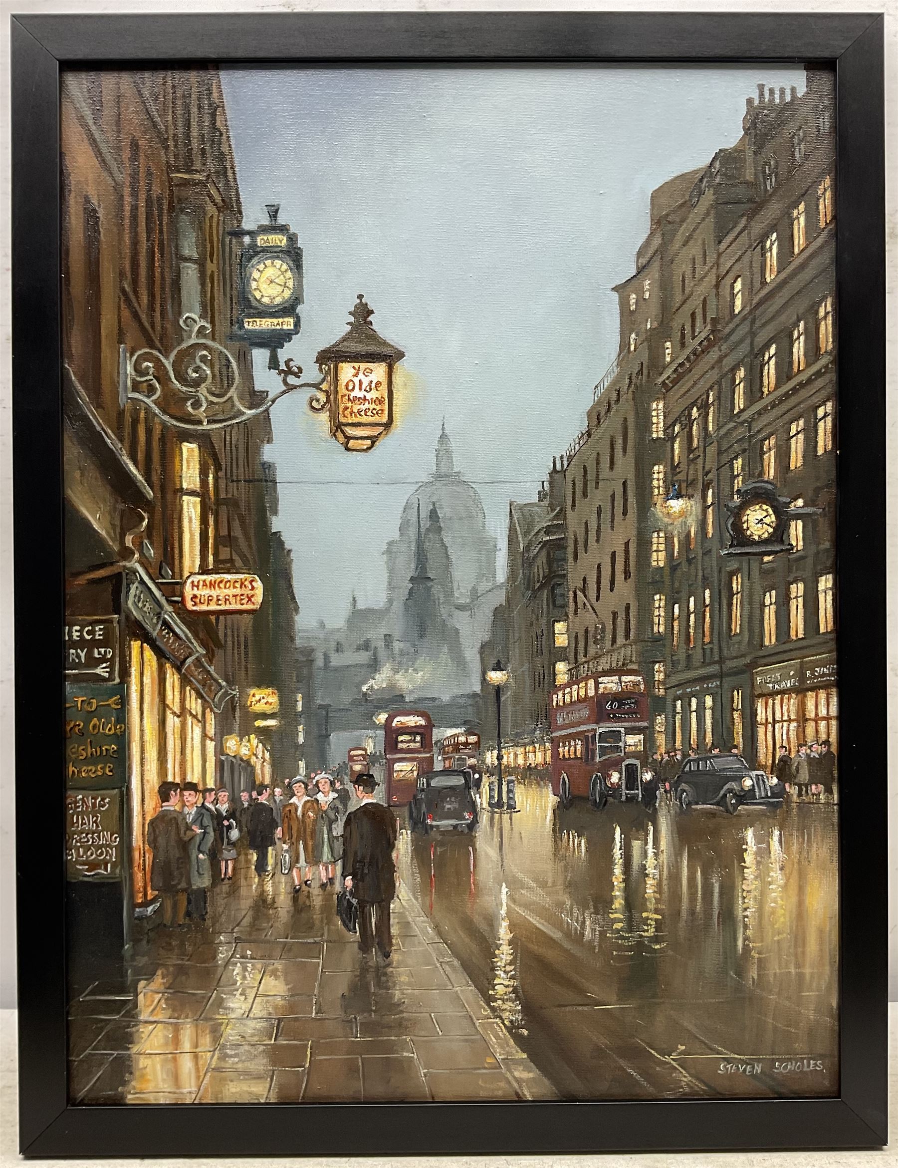 Steven Scholes (Northern British 1952-): Ye Olde Cheshire Cheese - 'Fleet Street London 1958', oil on canvas signed, titled verso 60cm x 45cm