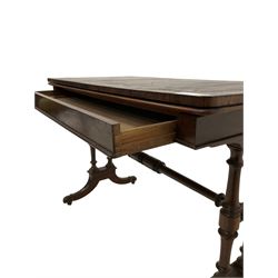 Regency rosewood card table, fold-over swivel action rectangular top with crossbanding, single frieze drawer, raised on turned end supports terminating in splayed feet with castors, joined by ring turned stretcher