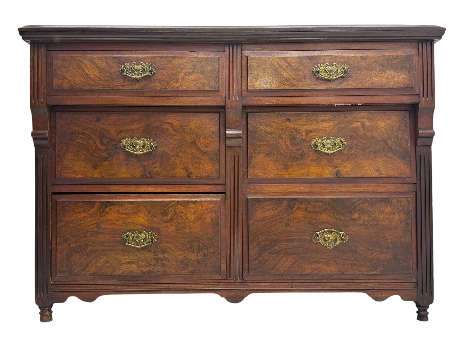 Late Victorian walnut chest, moulded rectangular top over six drawers, fluted uprights 