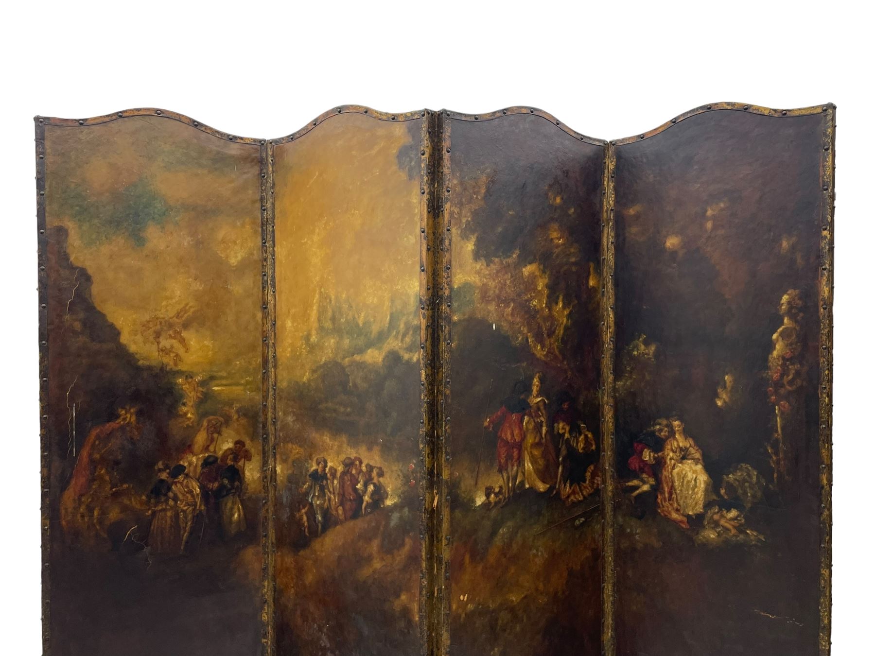 19th century four panel folding room screen, each leather panel painted with scenes from 'The Embarkation for Cythera' after Jean-Antoine Watteau (French 1684-1721), depicting a fête galante celebration with amorous couples and Cupids, with them a gilt statue of Venus, set within a classical capriccio landscape on the Greek island of Cythera, inscribed and titled verso with a verse from 'Ode on a Grecian Urn' by John Keats