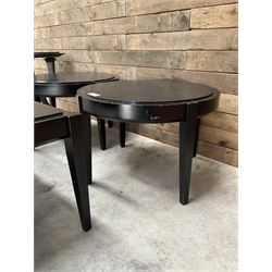 Three rectangular ebonised coffee tables and three circular tables