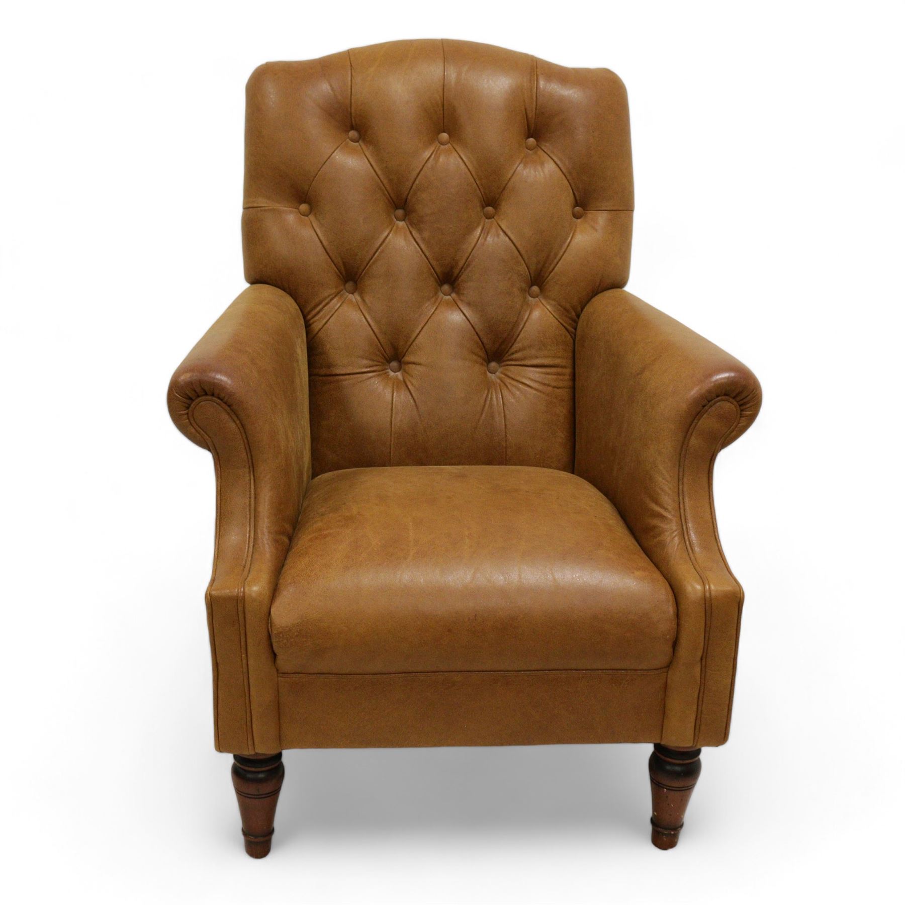 Laura Ashley Lancaster Georgian design armchair, upholstered in buttoned Colorado tanleather, with matching footstool