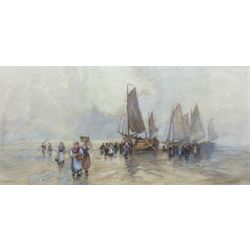 Frank Rousse (British fl.1897-1917): 'Return of the Boats', watercolour heightened with white signed, titled on mount 24cm x 49cm 