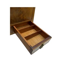 Early 20th century mahogany work table, hinged top enclosing satin-lined compartment with pincushion and pockets, lower section fitted with two drawers with dividers, on cabriole supports with carved knees and claw feet