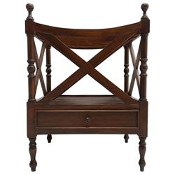 Victorian design mahogany Canterbury, four divisions with x-frame rails and turned upright supports, fitted with single drawer, on turned feet