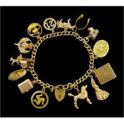 9ct gold curb link chain bracelet, with heart locket clasp and thirteen 9ct gold charms including Georg Jensen St Christopher, Scottish thistle, pony and trap, wishbone, Scorpio, and cow and a 17ct gold Spanish flamenco dancer 