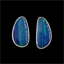 Pair of 14ct white gold black opal doublet stud earrings, stamped