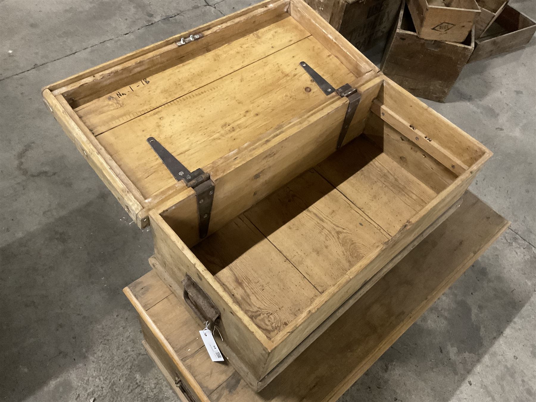 19th century pine blanket chest, rectangular hinged top, with twin wrought metal carrying handles (W93cm D47cm H43cm); together with another similar smaller (W75m D37cm H30) - THIS LOT IS TO BE COLLECTED BY APPOINTMENT FROM THE OLD BUFFER DEPOT, MELBOURNE PLACE, SOWERBY, THIRSK, YO7 1QY