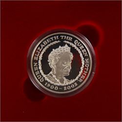 Four The Royal Mint United Kingdom silver proof five pound coins, comprising 1997 'In Memory of Diana Princess of Wales', 2000 'Queen Elizabeth The Queen Mother Centenary Year' piedfort, 2001 'Victorian Anniversary Crown' and 2002 '1900-2002 Her Majesty Queen Elizabeth The Queen Mother' all cased with certificates