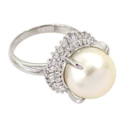 Platinum single stone cultured pearl and diamond cluster ring, stamped, total diamond weight approx 0.50 carat