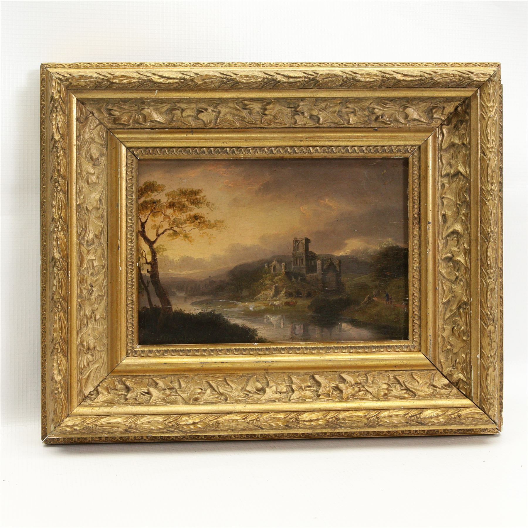 J Bradley (British 18th/19th Century): Kirkstall Abbey, oil on panel signed and dated 1825, 13cm x 19cm 