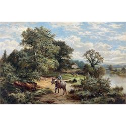 Edgar Longstaffe (British 1852-1933): Boy Riding Donkey in Rural River Landscape, oil on board signed and dated '94, 34cm x 52cm
