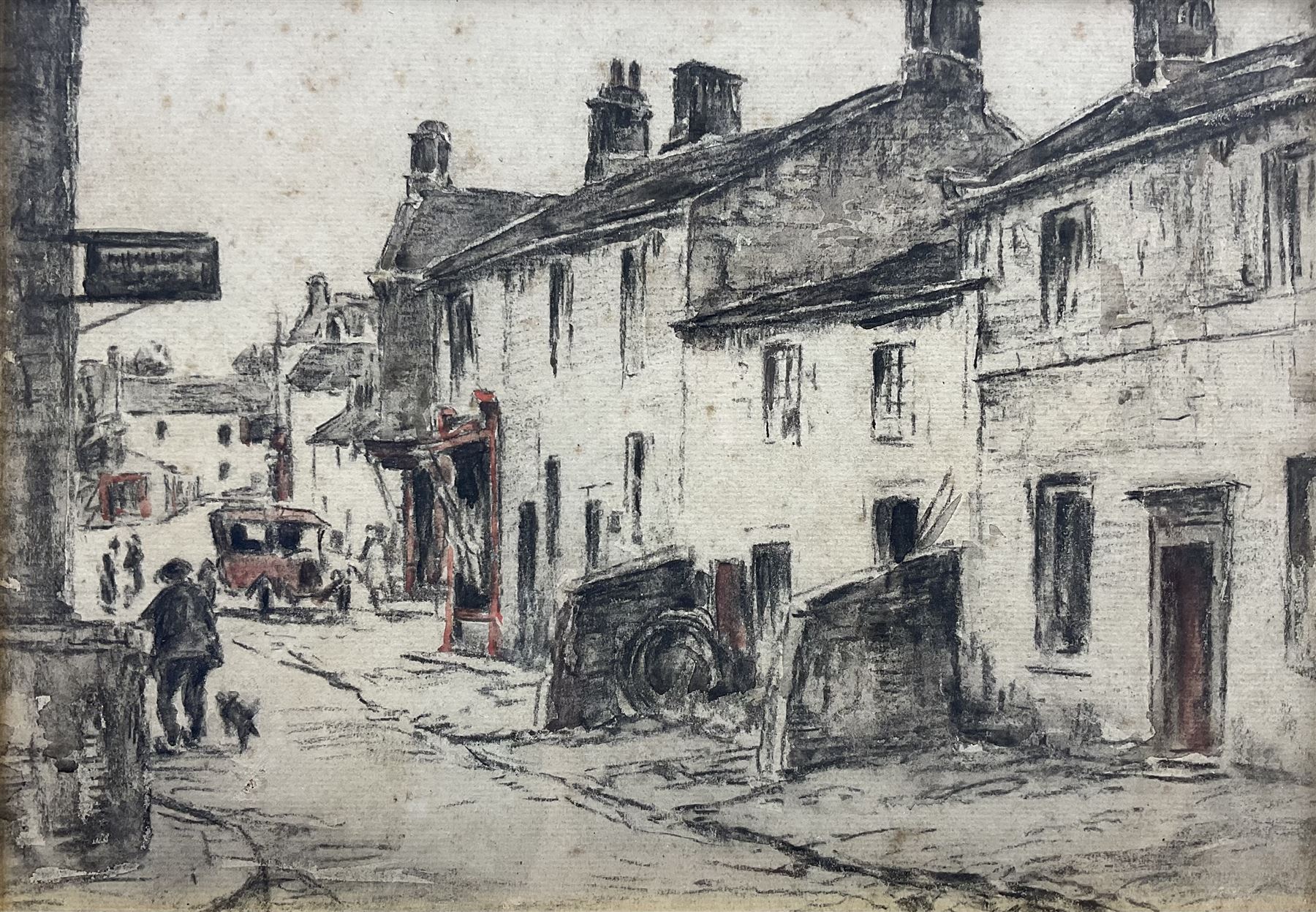 Frederick (Fred) Lawson (British 1888-1968): Grassington High Street, charcoal with colour wash highlights unsigned 21cm x 30cm