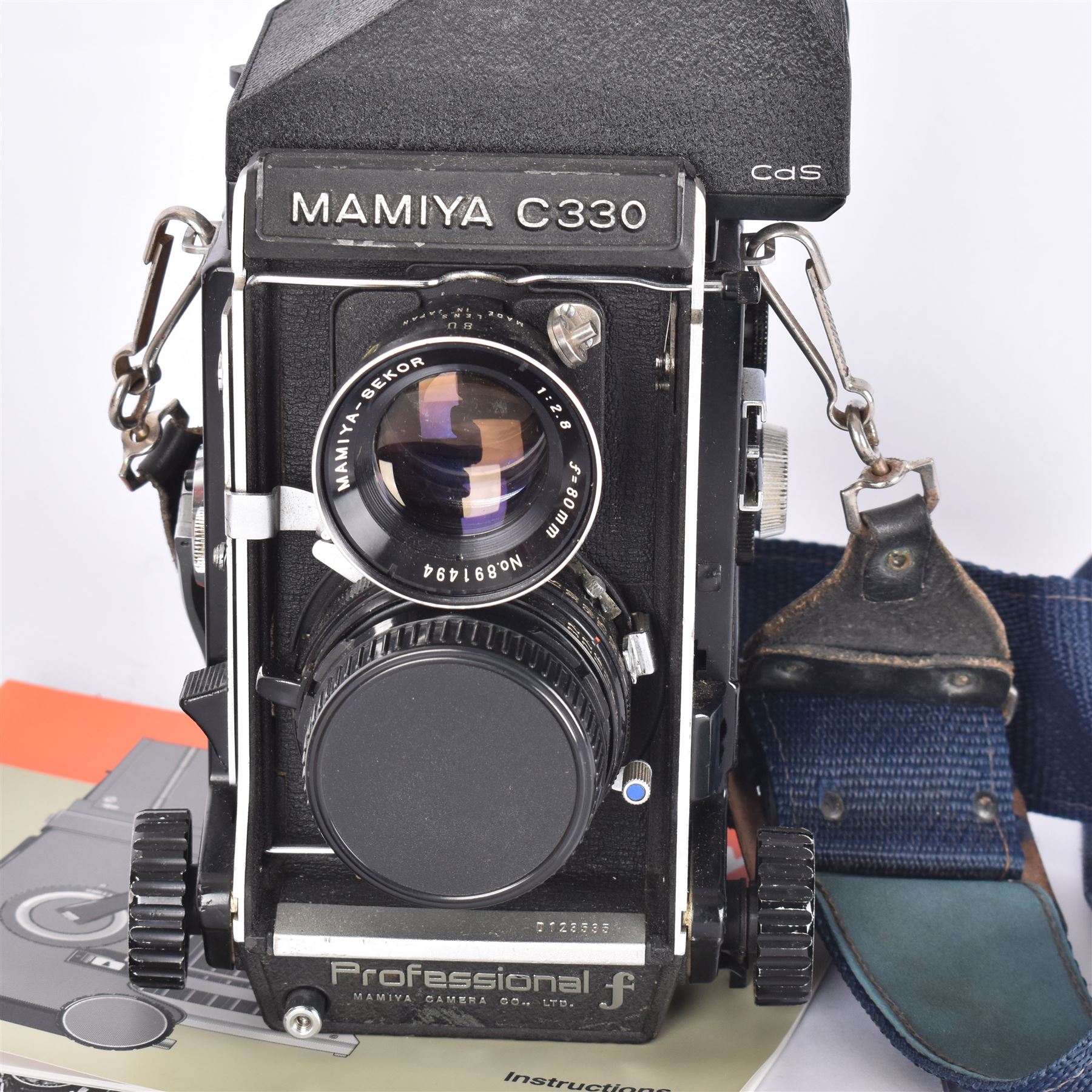 Mamiya C330 Professional F TLR camera, circa 1970s, serial no. D123535, with twin Mayima-Sekor 1:2.8 f=80mm lenses, serial nos. 891494 & 891276, with a Mayima C porrofinder