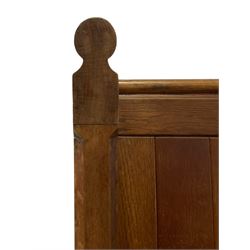 19th century oak church pew or hall bench, moulded cresting rail over panelled back and plank seat, on panelled end supports with chamfered frames