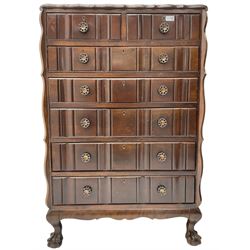 Early 20th century Dutch design mahogany chest, raised back over shaped top, fitted with two short and five long drawers, raised on ball and claw feet