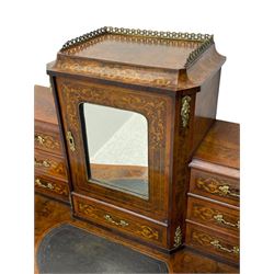 19th century French figured walnut Bonheur de Jour or writing desk, the upper section with brass gallery over mirror glazed cupboard and a combination of drawers, shaped and moulded top with leather inset and satinwood band, fitted with single drawer, on cabriole supports, inlaid throughout with scrolling foliate decoration in boxwood, ornate cast brass mounts 