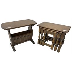 Old Charm - oak nest of three tables (W61cm, D33cm, H45cm); magazine table with carved linenfold detail (W66cm, D36cm, H51cm) (2)