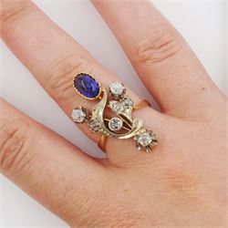 Russian early 20th century 14ct rose and white gold, oval cabochon cut synthetic sapphire and old cut diamond flower design ring, stamped 585 with Soviet star, total diamond weight approx 0.60 carat